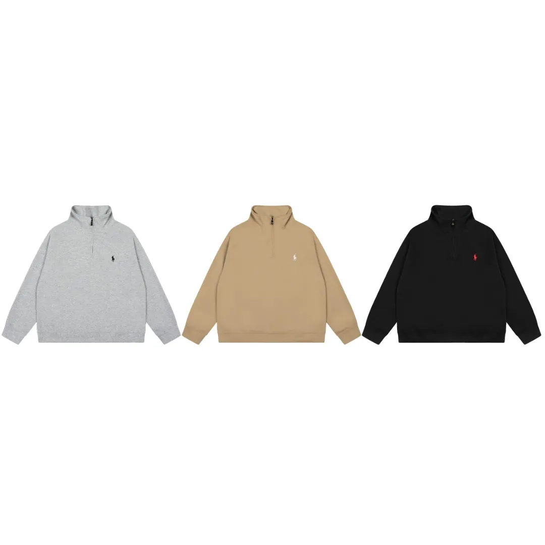 P220 Top quality" Style number: T5100# [Ralph Lauren classic pony embroidered half-zip lapel POLO sweatshirt] ✅Ralph Lauren Ralph Lauren autumn and winter basic versatile polo lapel sweatshirt for men and women couples ✅Moderate thickness, comfortable and soft fabric, strong breathability, can be worn alone or under, ✅Old money style, lazy style, popular retro style simple style, ✅Classic basic version Can be worn between 90kg and 160kg. ✅Wear alone in autumn and winter. Simple and easy to wear under the hood. Recommended for couples. Size: S-L. Color: Black Gray Khaki